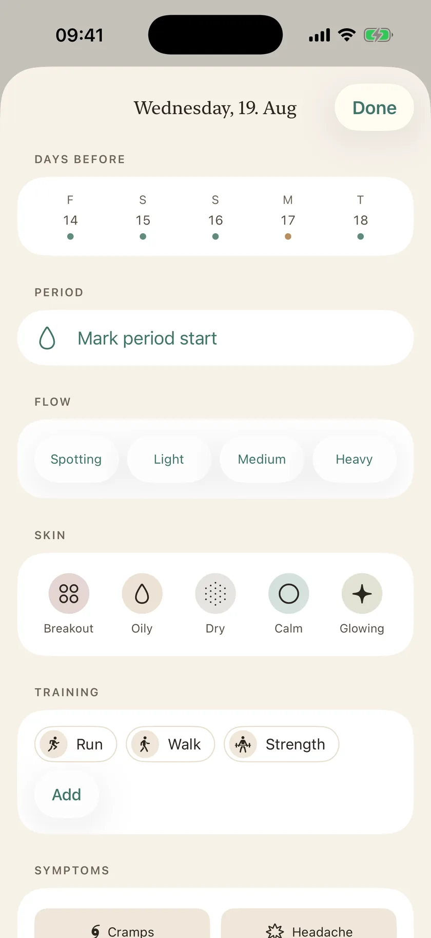 The day sheet — two taps to log a day